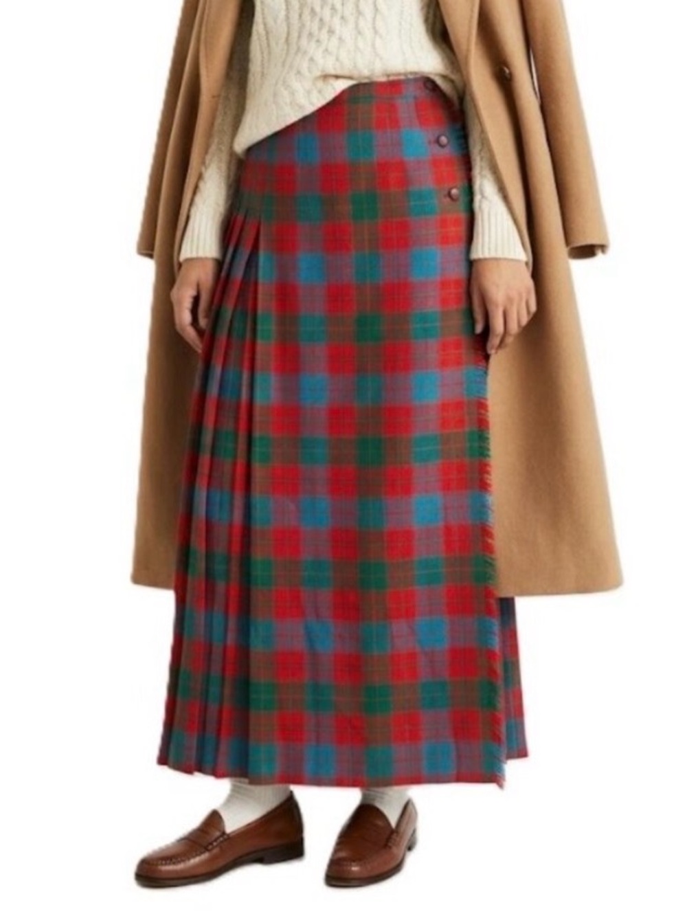 VINTAGE ALJEAN 100% Wool Tartan Kilt Maxi Skirt 26 Red Green Plaid High Waist